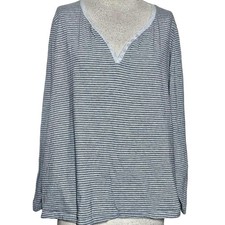 Grey Striped Casual V Neck Long Sleeve Top Size Medium