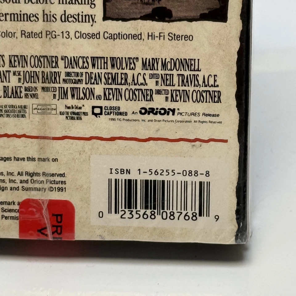 Vintage Dances With Wolves VHS Sealed 1990 Orion Home Video Movie Hi-Fi Stereo - Image 3 of 4
