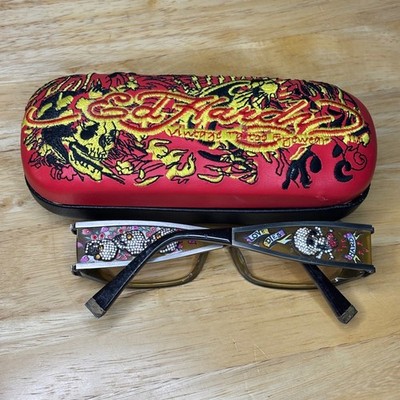 Ed Hardy Eyeglass Frames Women 52-16-140 Sky Amber Rhinestone Skull EH0712