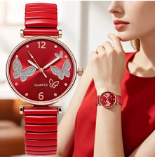 Women’s Butterfly Quartz Watch Elastic Metal Band Rhinestone Fashion Wristwatch