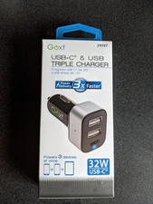 Goxt Triple Charger USB-C & USB. 32W. Powers 3 Devices For Car. New. Model 24597