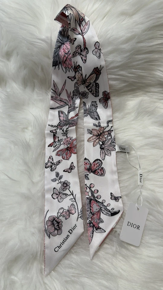 Cachecol Christian Dior rosa floral borboleta sarja seda mitzah GWP novidade novo - Imagem 4 de 4