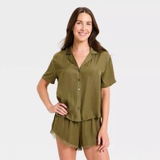 Women's Luxury Collection Satin Notch Collar Top and Lace Trim Shorts Pajama