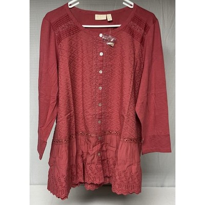 New LOGO Lavish Rusty Red Embroidered Peplum Eyelet Hemline Button Up Size Large
