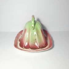 Antique Covered Cheese Dish Keeper Cloche Pink Green Gold Floral Detail