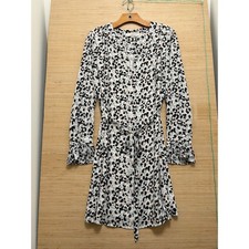 Loft Womens Grey Black Leopard Print Long Sleeve Pleated Cuff Tie Waist Dress M