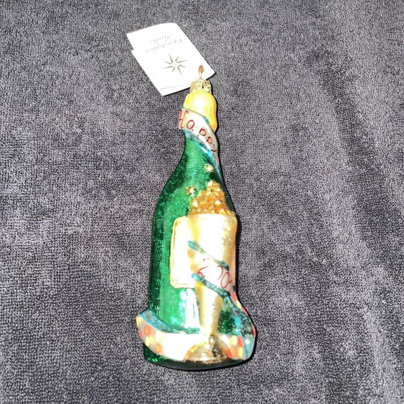 Christopher Radko Happy New Year 2001 Champagne Bottle Glass Ornament Cheers