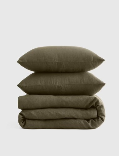 NWOT QUINCE EUROPEAN LINEN FULL QUEEN DUVET COVER SET DUSTY OLIVE W/ PILLOWCASES