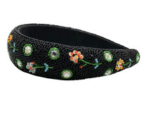 Handcrafted Artesian made Black Wide Floral Hand-Embroidered Hair Band