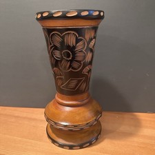 Hand Carved Wood Vase Floral India Folk Art Turned Wooden Pedestal 9.75 In Vtg