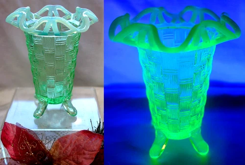 FENTON"MINT~1930s~HAT PIN VASE~SRC"VASELINE OPALESCENT"BASKETWEAVE"LACE"VINTAGE