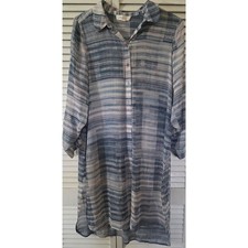 Vince Camuto Tera Sheer Stripe Button Front Tunic Blouse Blue Medium High Low
