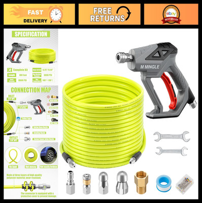 100FT Sewer Jetter Kit for Pressure Washer - Drain Cleaner Hose & Nozzles, 1/4''