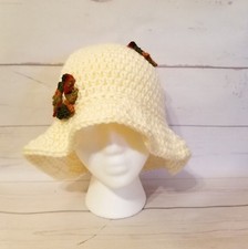 Cloche Flapper Hat Handmade Crochet Cream with Green Rust Tan Flowers