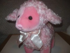 ADORABLE PINK CURLY FUR BABY SHEEP STUFFY SATIN BOW 13" HIGH NWOT!
