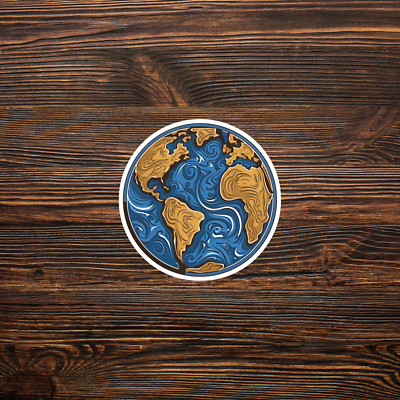 Vibrant Blue and Gold World Map Sticker - Swirling Continents Map Art Decal #184