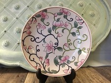 Vintage H.F.P. Asian Plate Bowl Macau Unique 7.5” Embossed Feel Pink Green Scrol