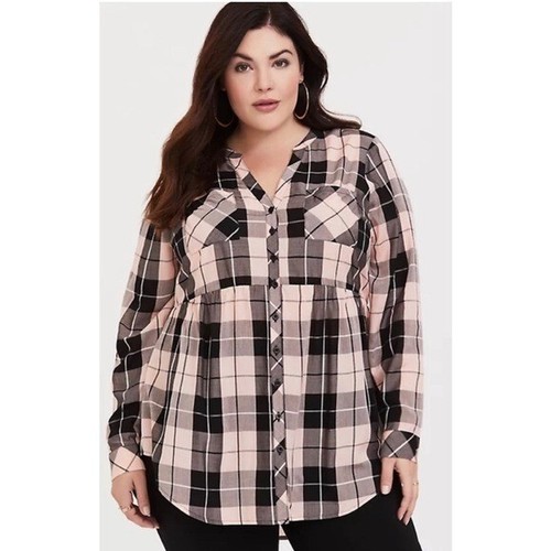 Torrid Emma Tartan Plaid Babydoll Challis Button Down Peplum Shirt Pink 3X