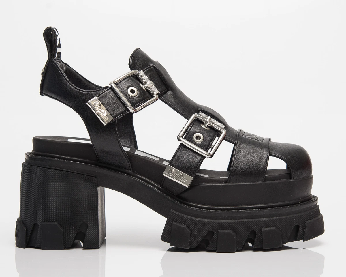 Buffalo Wmns Riot Trawl Heeled Sandals vegan Femme Noir eBay