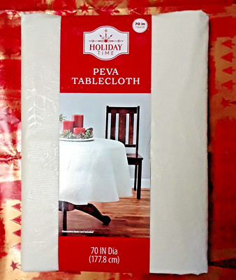 Holiday Time  Off White 70 Inch Diameter Peva with Snow Flakes Imprint