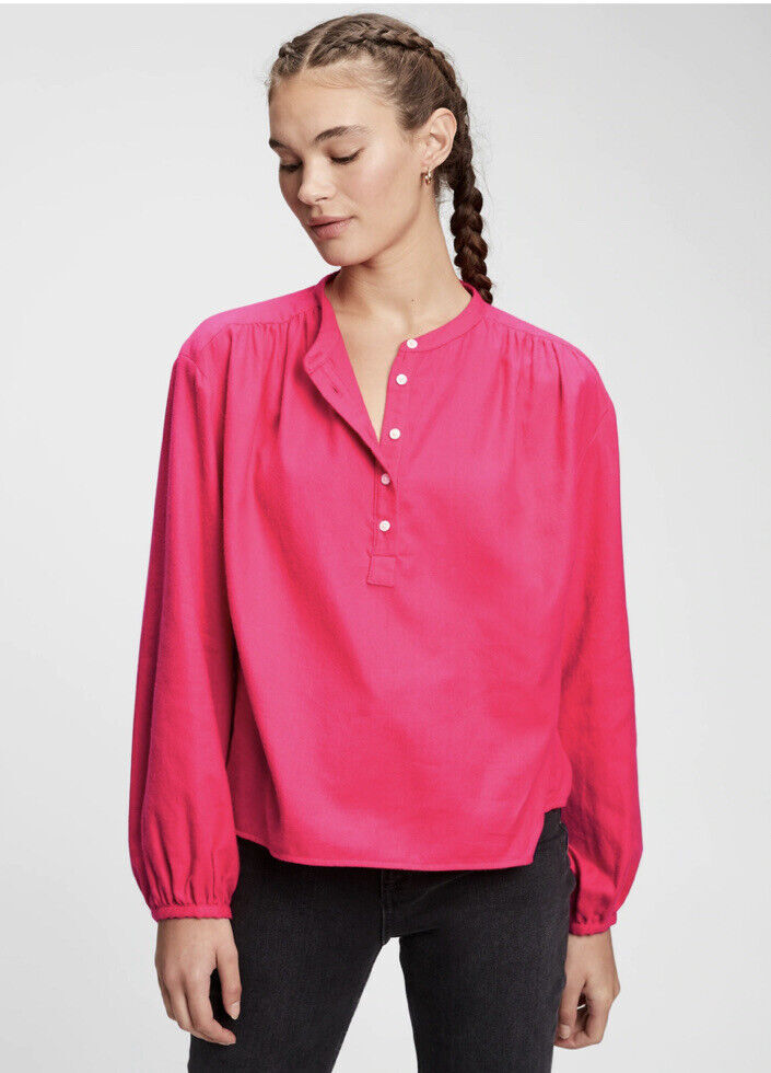 New GAP Women Pink Shirred Long Sleeve Cotton Popover Henley Shirt Top ...