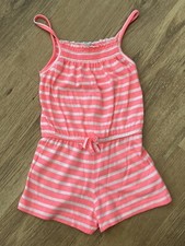 Primark Mädchen Playsuit koralle & weiß Schleife gestreift Baumwolle Einteiler 2-3 Jahre