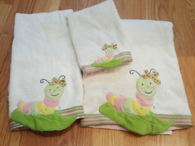 Nwt Bug Theme Bath Towel Set 3 Catepillar Kid Bathroom Decor Pink Yellow Green Ebay