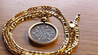 Nice 1928-1936 ENGLISH Silver SIXPENCE PENDANT on a 24'' 18KGF GOLD FILLED CHAIN