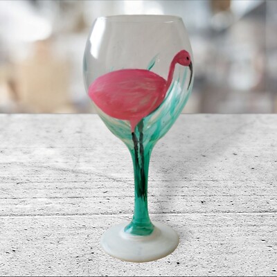 Flamingo Wine Art Glass Artisan Hand-Painted by Florida Beach Artist Signed  | eBay