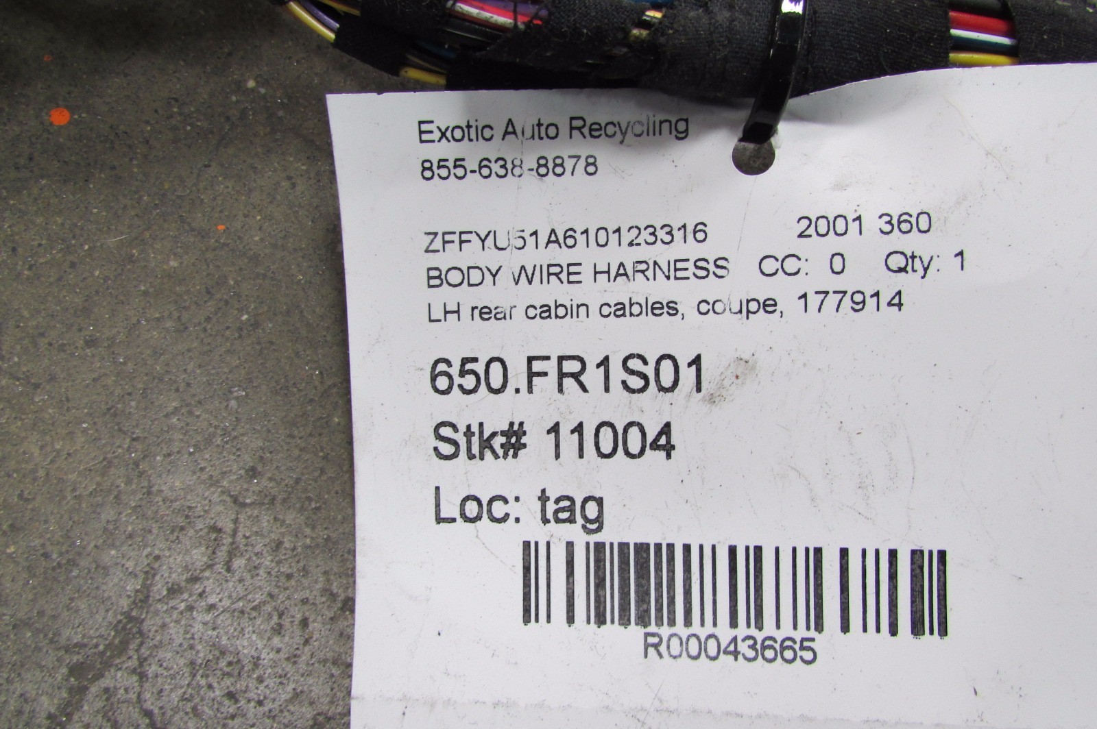 Ferrari 360, LH, Left Rear Cabin Wiring Harness, Used, P/N 177914