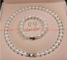 8/10/12mm White Shell Pearl Necklace Bracelet Earrings Set  Not real pearls  