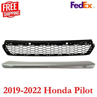 Fits Honda Pilot Bumper Grille + Silver Molding Trim For 2019-2022 Front Set 2pc