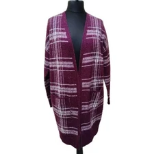 Marks and Spencer 14 burgundy white Coatigan Cardigan Jacket With Pockets check