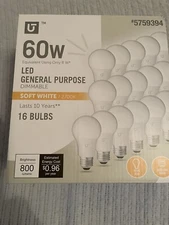 8W A19 E26 LED Light Bulbs 60 Watt Equivalent 2700K Soft White 16 Pack DIMMABLE