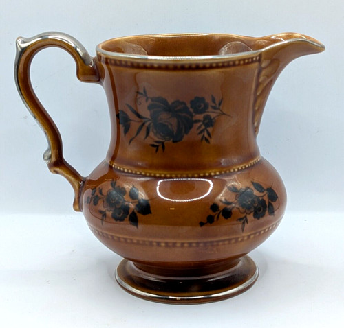 Lord Nelson England Pottery Vintage Brown Floral Pitcher / Vase with Silver Gilt