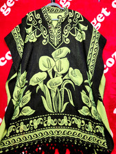 Mexican Poncho Baja Hoodie Black Green Floral Fringe Boho Hippie Festival...