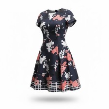 Vince Camuto Sz2 Bold Floral Fit & Flare Modern Feminine Dress Window Pane Hem