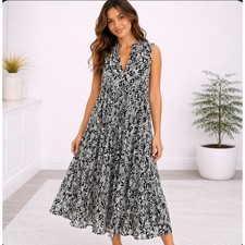Maeve Anthropologie Dress Small Petite Black White Paisley Ruffle Sleeveless