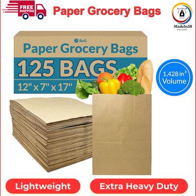 Paper Grocery Bags (125 Pcs Bulk) (12x7x17) 70 Lbs Basis, Extra Heavy Duty Brown