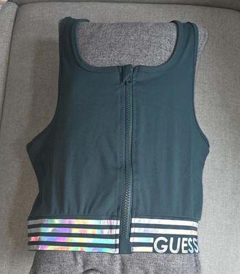 Small GUESS Women's hunter green Zip-Front Sports Bra Striped Logo Wireless