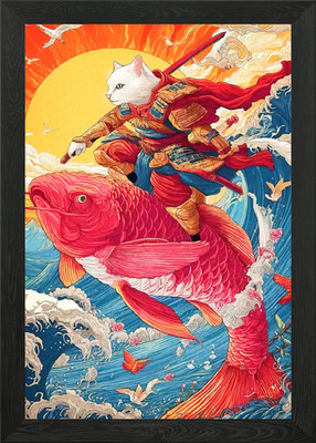 Samurai Katze Koi Fisch gerahmtes Wandbild Poster Leinwanddruck Bild