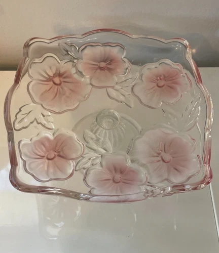 Vintage Pink Depression Glass Pedestal Floral Dogwood Cake Stand 7" Square