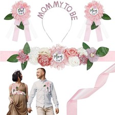 4 PCS Floral Maternity Sash Set Tiara Mom Dad To Be Corsage Pins Baby Shower