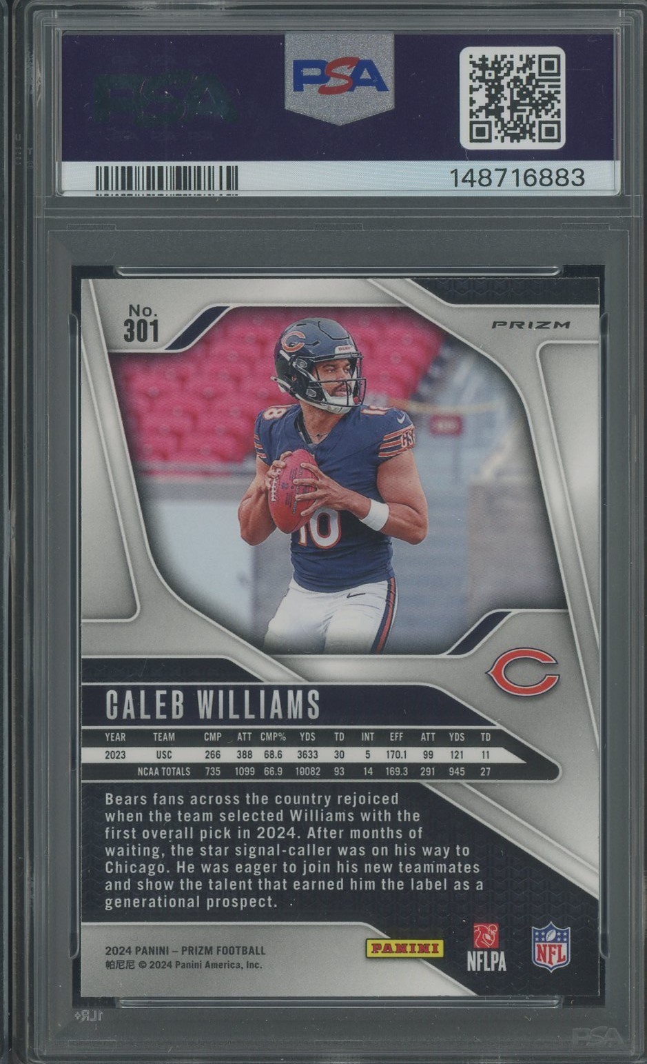 2024 Panini Orange Lazer Prizm #301 Caleb Williams Bears RC Rookie PSA 10 view 2