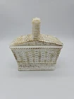 Vtg Westmoreland Milk Glass Picnic Basket Lid Candy Dish Trinket w Gold/Copper