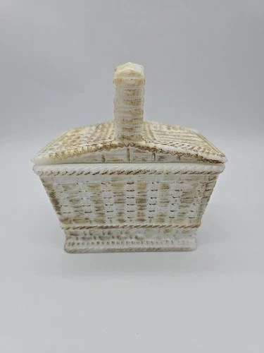 Vtg Westmoreland Milk Glass Picnic Basket Lid Candy Dish Trinket w Gold/Copper
