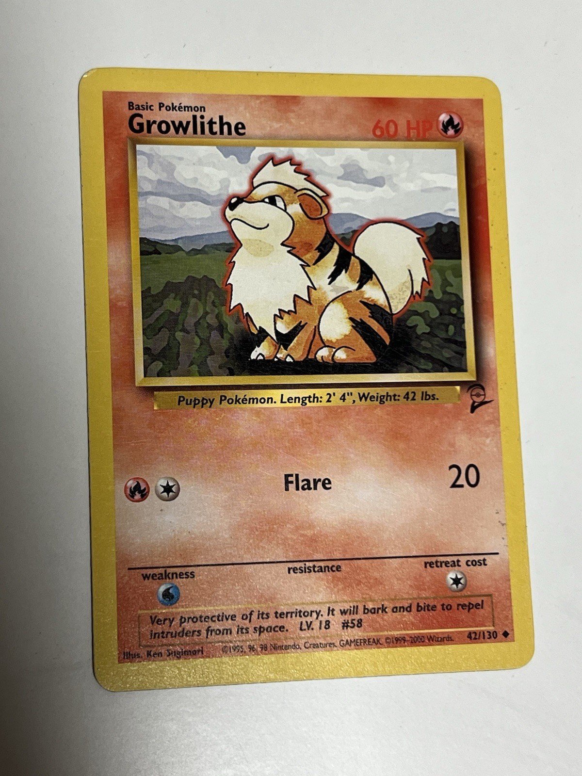 Pokemon Growlithe Base Set 2 Card 42/130 Uncommon, Unlimited, Near Mint