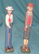 couple Tall Thin Old Fashioned Man & Woman lady Golfers Figurine FR9401 FR9402