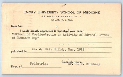 1955 Emory University School Of Medicine Atlanta GA Reprint Article Postal Card