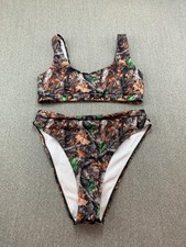 Camouflage Oak Trees 2 pc Tankini Bikini Swimsuit Womens M Brown Orange Green